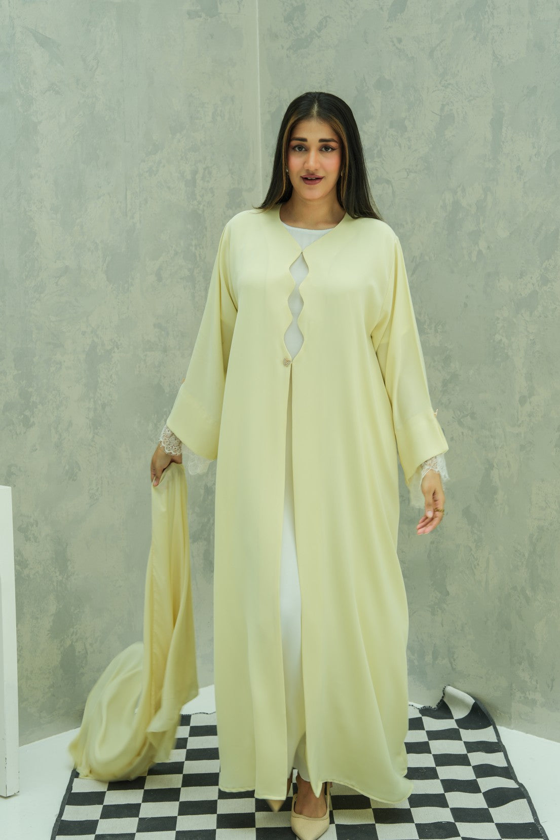 Lemon Pearl Lace Abaya