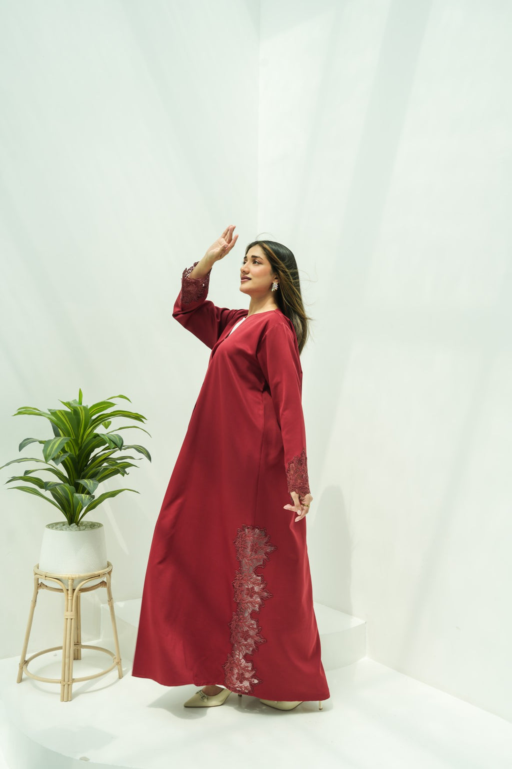 Burgundy Rose Lace Abaya