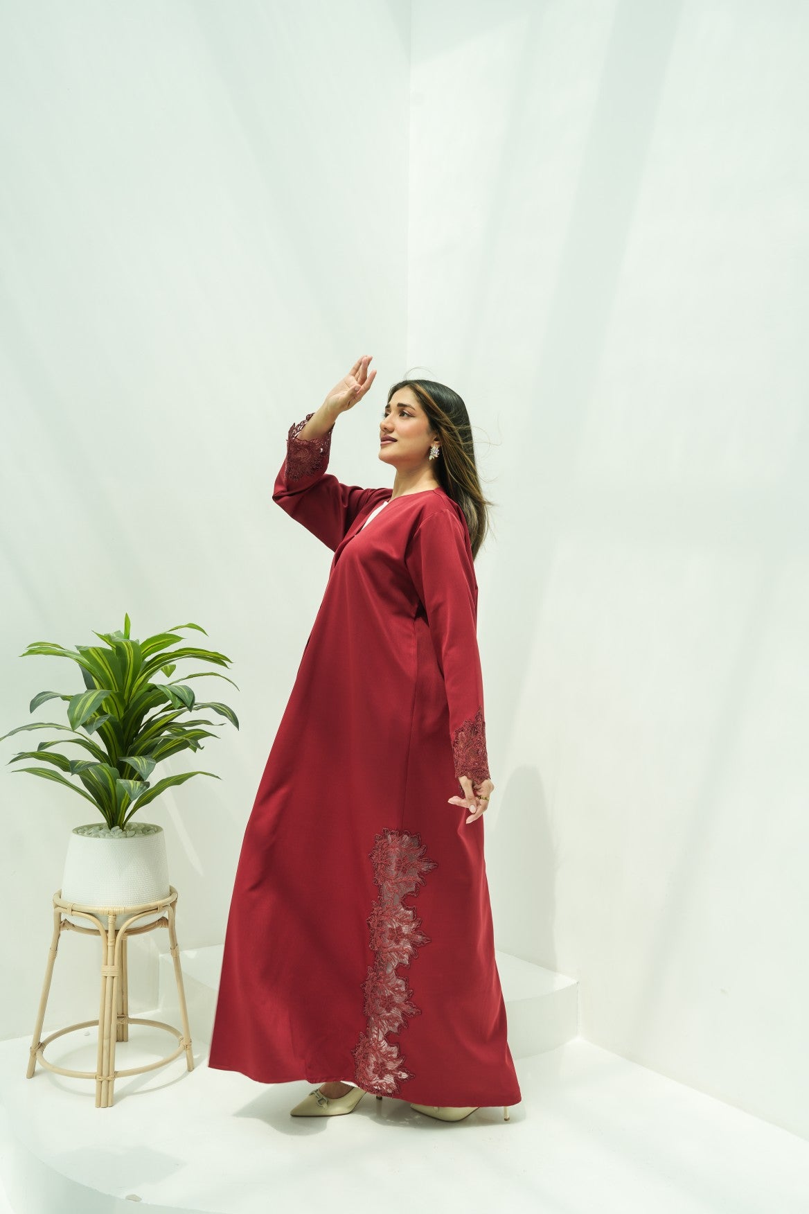 Burgundy Rose Lace Abaya