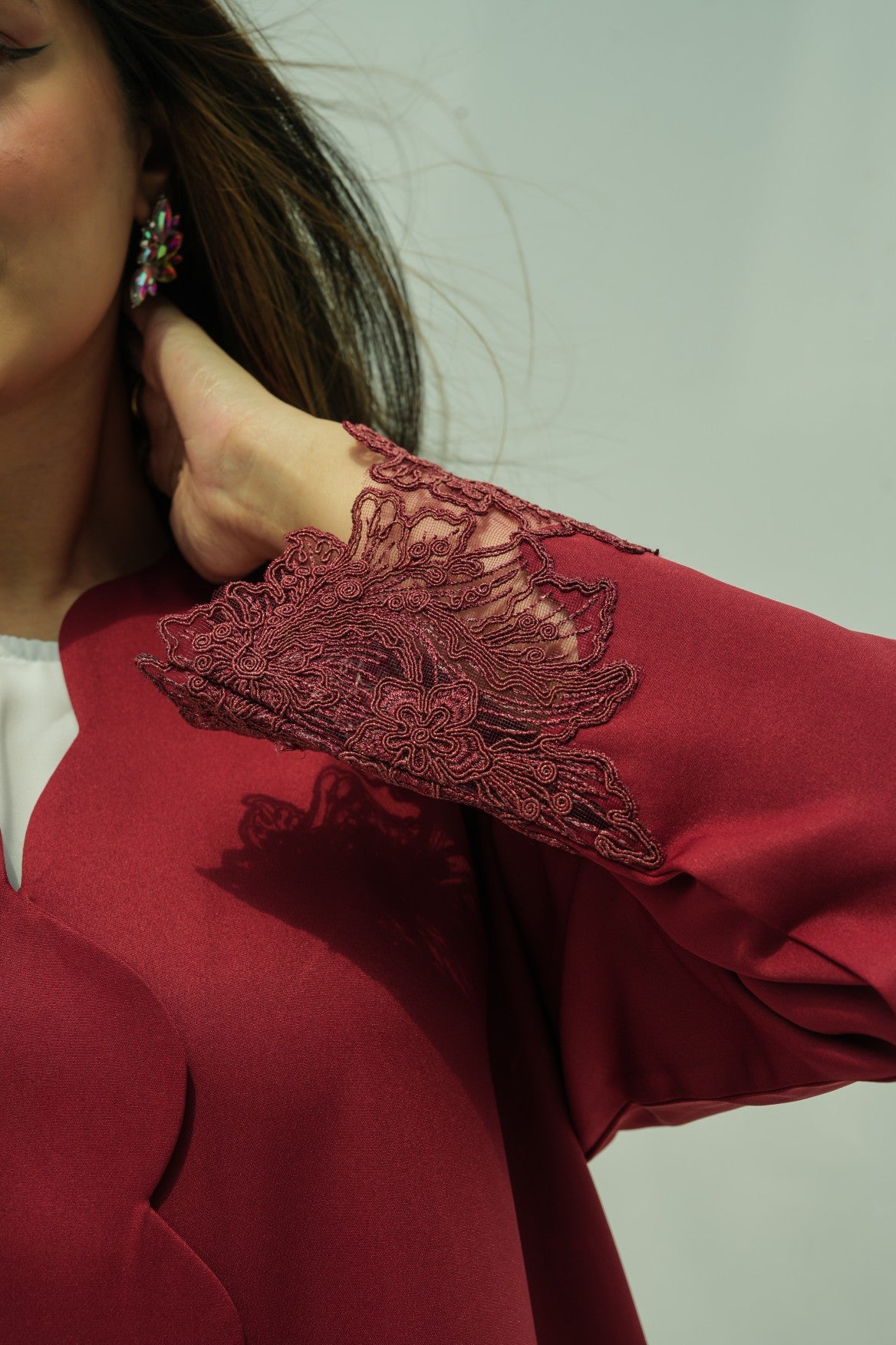 Burgundy Rose Lace Abaya