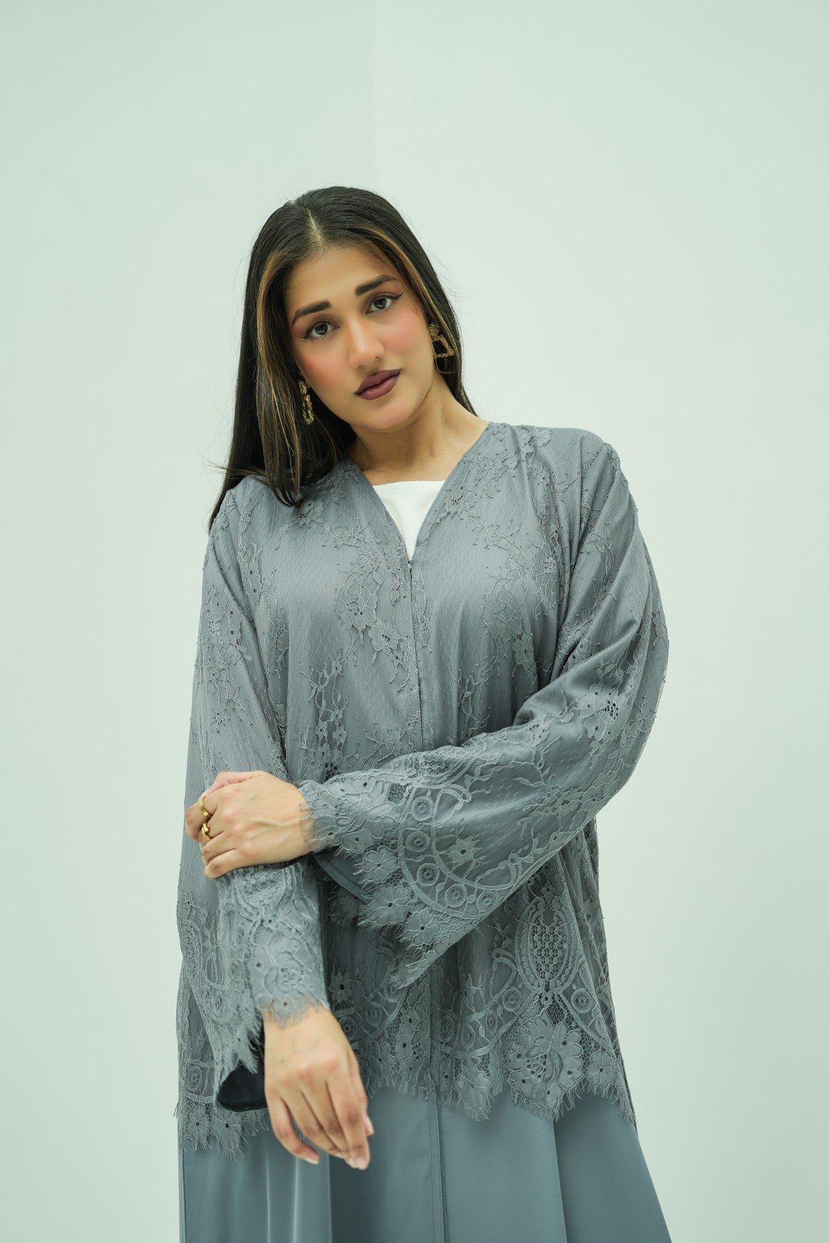 Silver Mist Lace Abaya